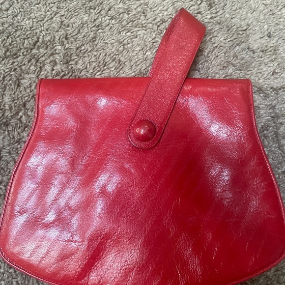 Vintage La Bagagerie Red Leather Top Handle Wristlet Clutch Handbag France - Picture 2 of 4
